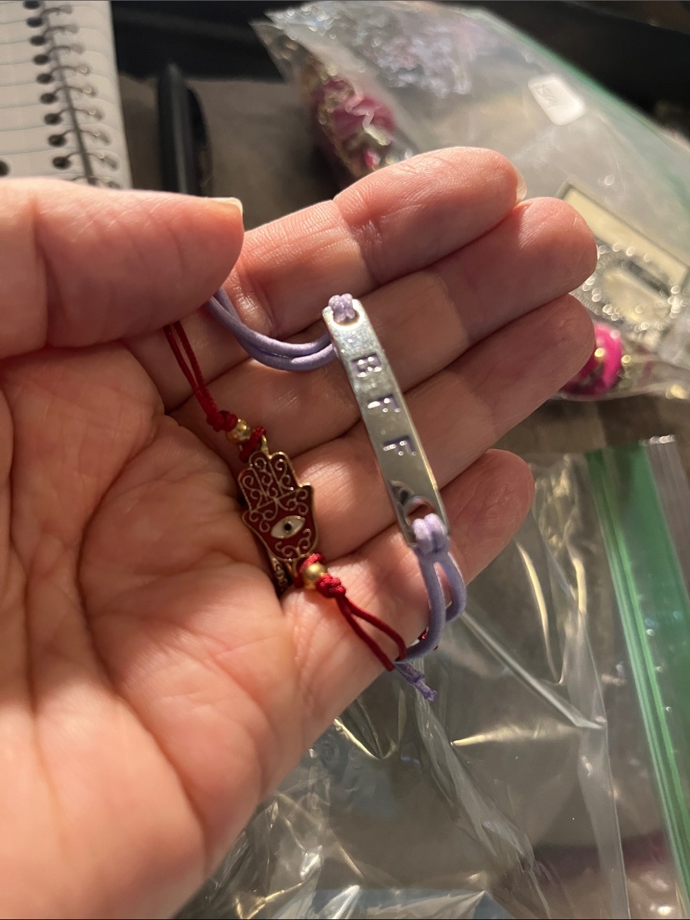 Lilac Cord Bracelet with Silver BFF bar and red bracelet 1595